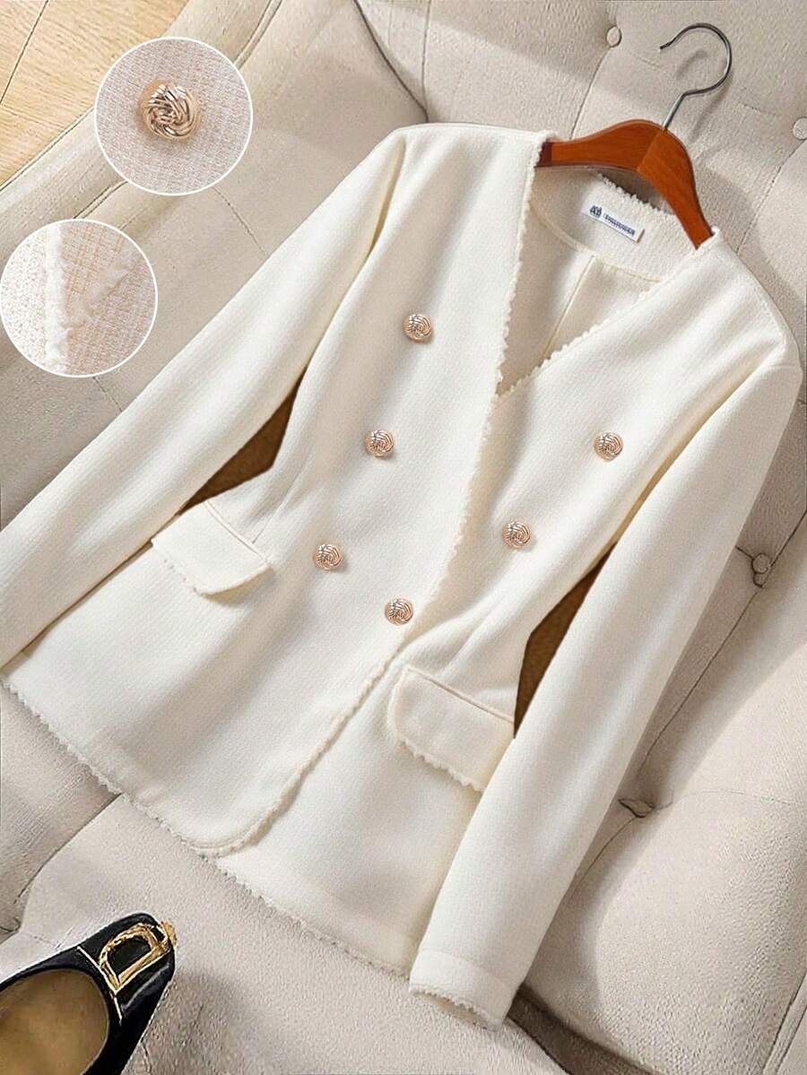 GlowEve CURVE 女士时尚优雅双排扣流苏夹克 - 米色 - 查看 1