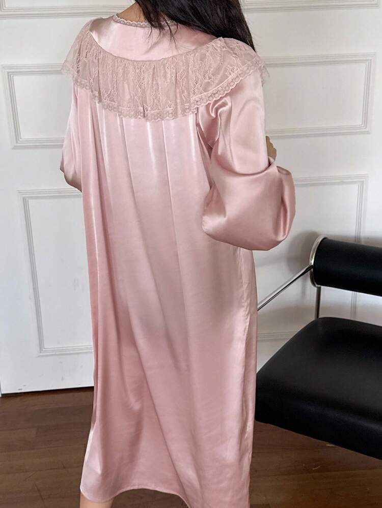 Romantic Satin Lace Ruffle Trim Loose Women Nightgown, Fall Pajama