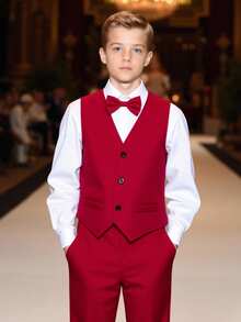 SHEIN 3pcs Tween Boy Casual Gentleman Outfit - Vest, Shirt, Shorts With Bowknot, Suitable For Commuting, School, Daily Casual Wear, Spring/Summer, Also Suitable For Wedding, Birthday Party, Christmas Christmas Christmas Christmas Red Christmas Autumn Winter Clothes For Girls - Red - View 2
