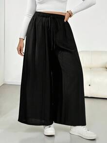 SHEIN Essnce Plus Size Women's Spring And Autumn Fashion Casual Wide, Loose And Comfortable Thin Elastic Waist Black Wide-Leg Pants Skirt Pants,Women Bottom,Baggy Pants,Going Out Outfits,Simple Style,Fall Clothes For Women