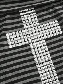 ROMWE Grunge Punk Punk Sexy Y2K Kpop Striped Rivet Cross Off Shoulder Fitted Long Sleeve T-Shirt For Women - Black - View 3
