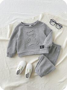 SHEIN 2 件套男婴/女婴可爱灰色 3D 熊卡通印花长袖运动衫和慢跑运动服，男女通用婴儿服装，婴儿冬季服装 - 灰色 - 查看 3