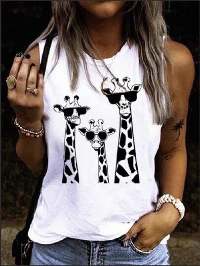 EMERY ROSE Casual Minimalist Black & White Giraffe Print Loose Fit Sleeveless Round Neck Tank Top For Women, Suitable For Summer,Casual
