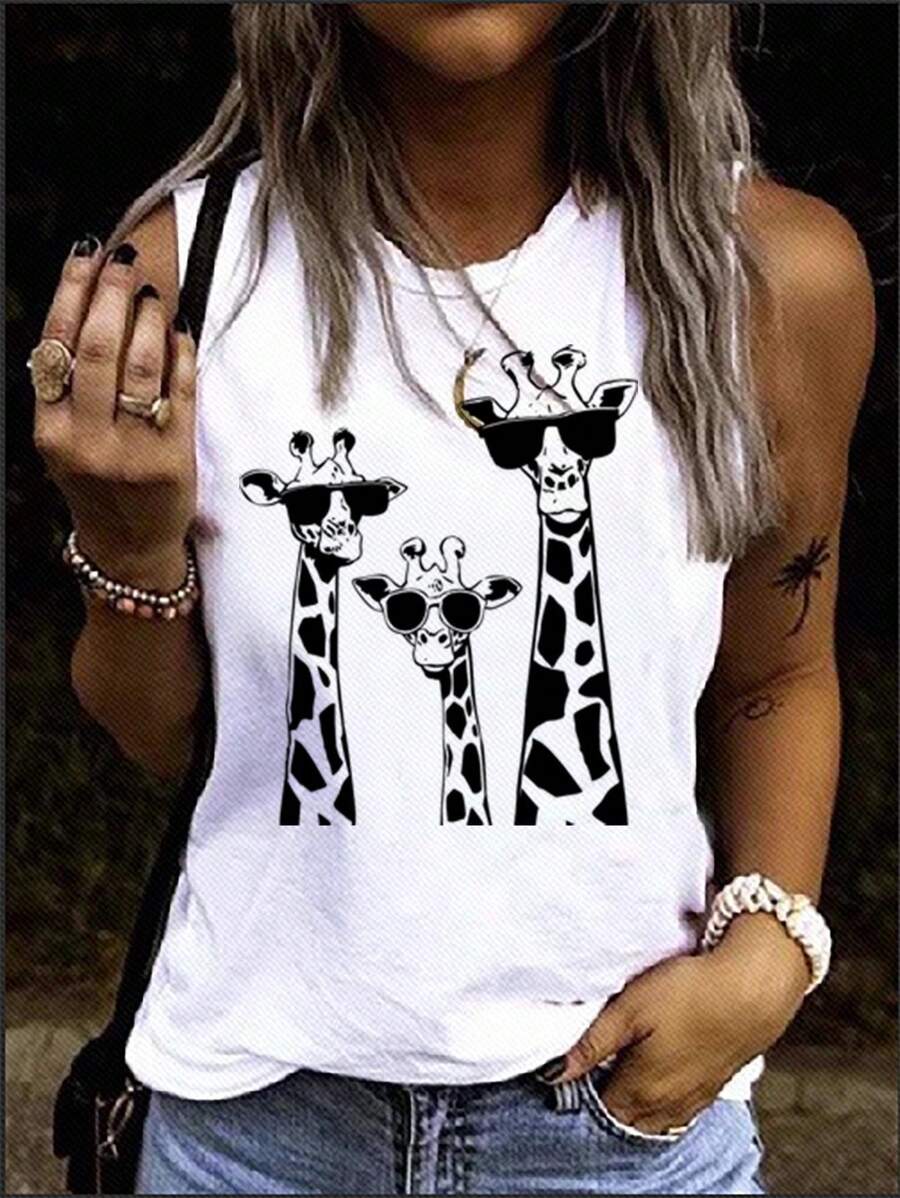 EMERY ROSE Casual Minimalist Black & White Giraffe Print Loose Fit Sleeveless Round Neck Tank Top For Women, Suitable For Summer,Casual - White - View 1