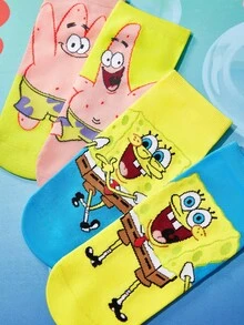 SpongeBob SquarePants | SHEIN 2 Pairs Soft & Breathable Moisture-Wicking Casual Men Ankle Socks With & Fashionable And Cute Pink & Blue Short Socks Reinforced Toe & Heel For Durabiliy Unisex For Women All Season All-Match Summer Winter - Multicolor - View 3