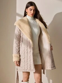 CLARA VERO Cappotto trapuntato lungo con fodera in sherpa sul colletto, vita con cintura e tasche laterali, abbigliamento esterno caldo ed elegante, tessuto impermeabile - Beige - Visualizzare 6