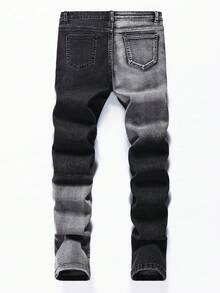 SHEIN 青少年男孩时尚休闲复古镂空破洞磨边设计感渐变水洗灰色弹力牛仔裤，酷炫男童/感恩节男童黑色和灰色牛仔弹力修身破洞牛仔裤，适合儿童男童日常穿着，春夏青少年男童做旧牛仔裤，秋冬款 - 黑色 - 查看 2