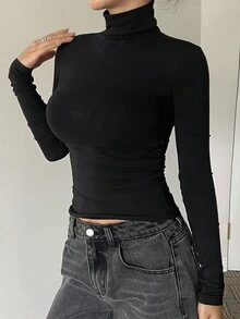 DAZY 女式高领修身长袖性感休闲打底长袖 T 恤 - 黑色 - 查看 2