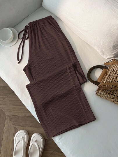 Elamini Pantalon large décontracté pour femmes, taille avec cordon de serrage, côtelé, couleur unie