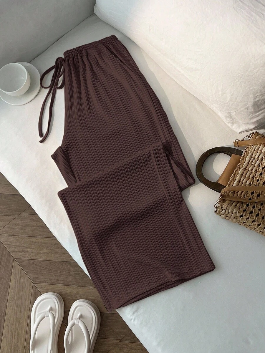 Flirla Women's Casual Solid Color Ribbed Drawstring Waist Loose Wide Leg Pants - Brown - View 1