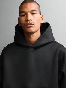 SUMWON Minimalist Essential Heavyweight Crop Hoodie With Centre Pocket Oversized Casual Winter Lounge Streetwear Layering Basic Plain - Black - View 3