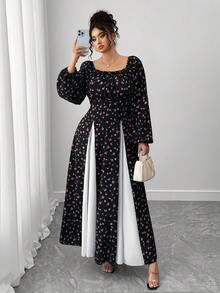 Elenzga Vestido longo plus size feminino com estampa floral gótica, casual, francês, romântico, elegante, cintura marcada, amarração frontal, gola quadrada, manga comprida, punho elástico - Multicolorido - Ver 6