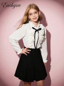 青少年女孩休闲优雅白衬衫，长袖玫瑰 3D 花朵修身短上衣，春夏秋季 - 白色 - 查看 5