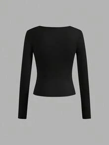SHEIN Essnce Bộ 4 áo thun cổ tròn tay dài màu trơn đơn giản đa năng dành cho nữ, phù hợp cho mùa xuân và mùa thu - Nhiều màu - Xem 6