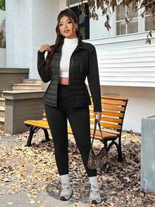 SHEIN EZwear 大尺碼女款保暖絎縫填充外套，寒冷天氣保暖防風夾克，黑色，秋冬季 - 黑色 - 查看 5