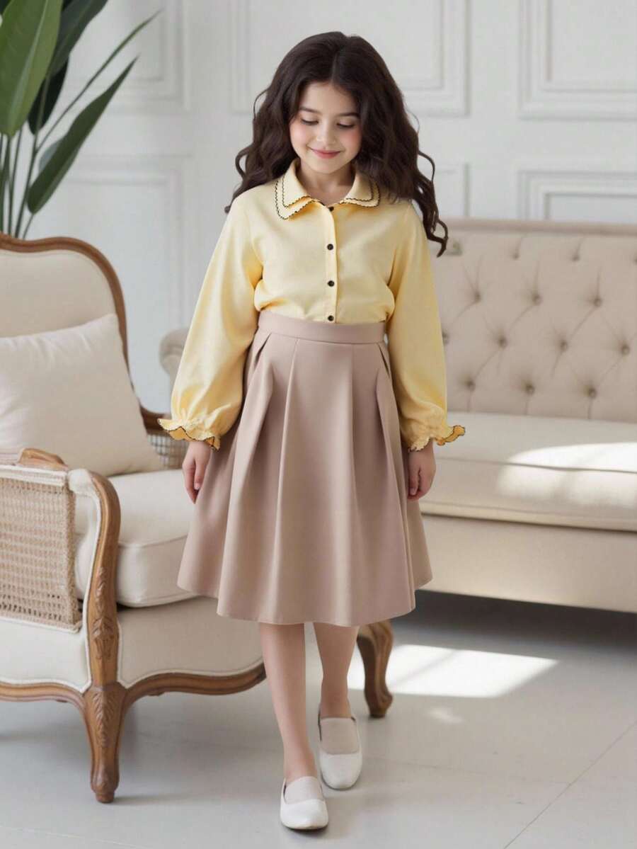 Tween Girls Colorblock Trim Long Sleeve Button-Down Collared Shirt - Yellow - View 1
