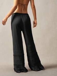 Bohemela Bohemian Style Solid Color High Waist Flare Leg Knit Pants, Spring/Summer,Fall - Black - View 2