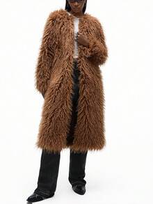 Aveloria Affinna معطف نسائي بياقة مستديرة وأكمام طويلة وأمام مفتوح من الفرو الاصطناعي، للخريف والشتاء