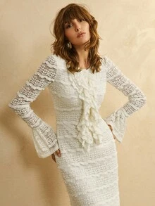 SHEIN LUNE 女款針織水溶蕾絲米白色秋季優雅婚禮賓客長袖荷葉邊設計魚尾喇叭領高貴約會洋裝 - 杏色 - 查看 2