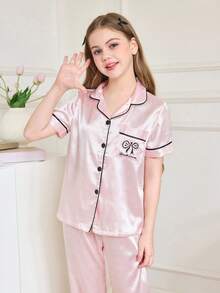 SHEIN 青少年女孩仿丝字母蝴蝶结提花开衫短袖上衣和裤子睡衣套装