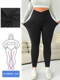Solflare Damen Leggings in Große Größen, schwarz, Lässig, minimalistisch, vielseitig, für den Alltag, einfarbig, hoher Bund, elastisch, figurbetonend