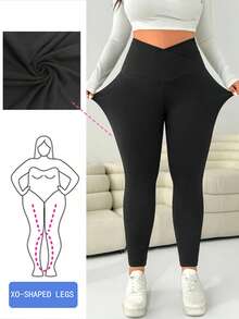 Solflare Plus Size Women Black Casual Minimalist Versatile Commute Solid Color Overlap High Waist Elastic Skinny Leggings,Fall Clothes For Women