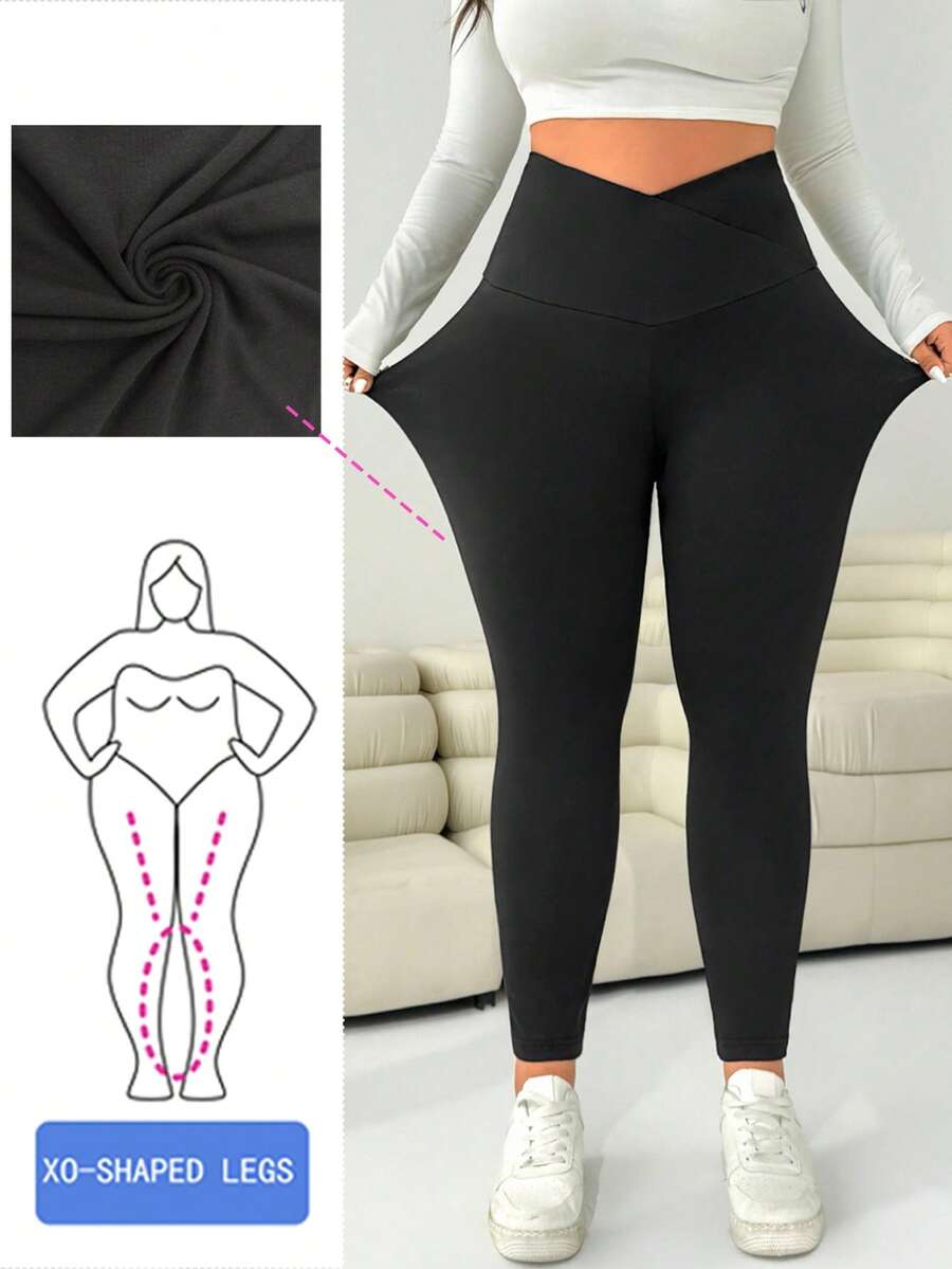 Solflare Plus Size Women Black Casual Minimalist Versatile Commute Solid Color Overlap High Waist Elastic Skinny Leggings,Fall Clothes For Women
