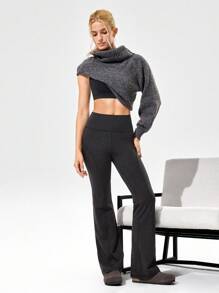 GLOWMODE 31英寸Softy Velvaire超高腰弧形接缝喇叭紧身裤，低冲击瑜伽普拉提工作室日常休闲装 - 黑色 - 查看 8