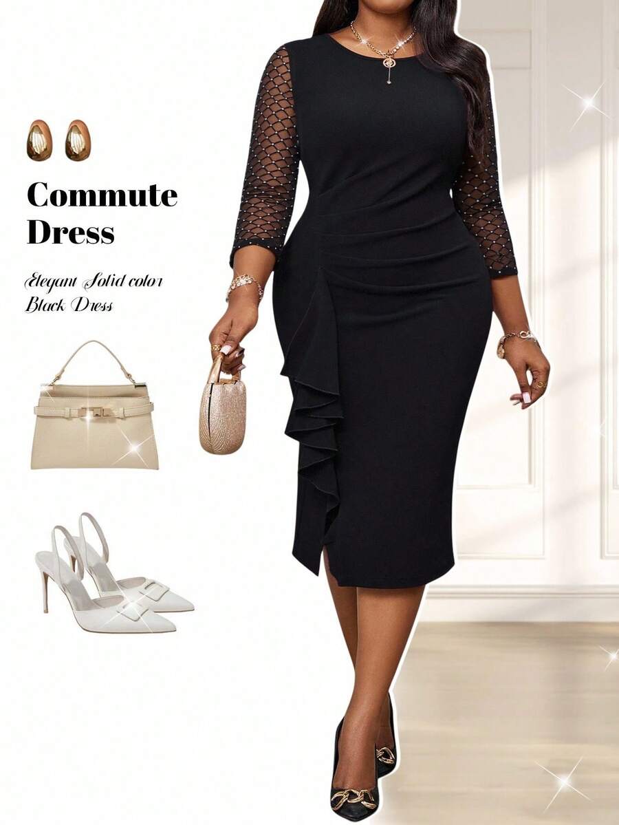 Fleurora Váy dự tiệc Giáng sinh mùa thu đông thanh lịch cổ điển cho tiệc cưới cocktail cổ tròn dệt kim màu đỏ đậm nhún bèo sản phẩm mới váy ôm sát cỡ lớn váy phù dâu - Nhiều màu - Xem 1