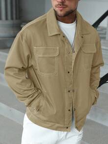 Manfinity Homme Men's Casual Fashion Contrast Stitch Flap Pocket Utility Jacket, Spring/Autumn - Khaki - View 3