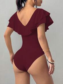 Rafferiza Women's Solid Color Ruffle Collar Fitted Elegant Bodysuit - Burgundy - View 2