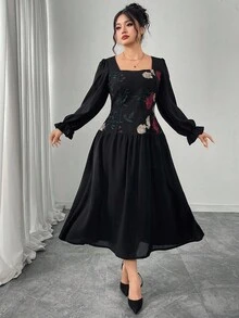 Modelyn Elegant Mesh Embroidered Patchwork Solid Color Square Neck Long Sleeve Fitted Midi Dress, Plus Size, Spring/Autumn Fall Cloth For Women - Black - View 6