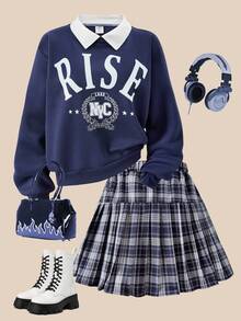 SHEIN Explorewe Roupas para meninas, moletom solto com estampa vintage americana e inglesa, gola redonda e minissaia xadrez plissada da moda, adequado para a escola e para o trajeto casual no outono - Azul marinho - Ver 1