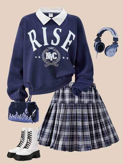SHEIN Explorewe Girls' Clothing Teenage American Vintage English Print Crew Neck Fleece Loose Sweatshirt And Fashionable Plaid Pleated Mini Skirt, Suitable For School And Casual Commute In Autumn Fall Winter