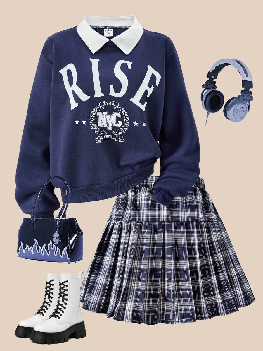 SHEIN Explorewe Roupas para meninas, moletom solto com estampa vintage americana e inglesa, gola redonda e minissaia xadrez plissada da moda, adequado para a escola e para o trajeto casual no outono - Azul marinho - Ver 1