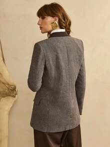 Revavyn 女士棉混纺纯色斜纹 V 领西装外套，长袖修身办公室/工作服，春秋季 - 棕色 - 查看 3