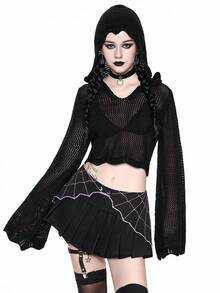 ROMWE Gothic Hooded Pullover Sweater With Flared Sleeves, Halloween - Black - View 1