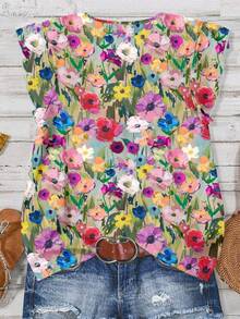 SHEIN LUNE Women's Casual Floral Print V-Neck Blouse With Flutter Sleeves, Suitable For Summer, Early Autumn And Fall Chic Blouses For Women Flower Shirt Floral Blouse Summer Blouse Summer Top Floral Top