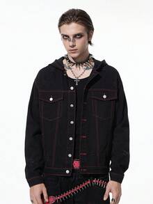 ROMWE MEN Grunge Punk Men's Dark Casual Style Front Button Long Sleeve Cross Denim Jacket Halloween - Black - View 6