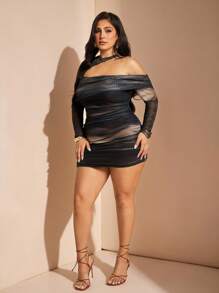 SHEIN BAE 大码女式不对称网眼多色云扎染连衣裙，春夏 - 彩色 - 查看 5