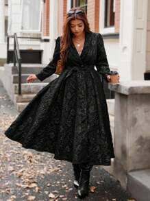 Flirla Plus Size Jacquard Elegant Long A-Line Waist Cinched Autumn/Winter Jacket Winter Autumn Fall - Black - View 1