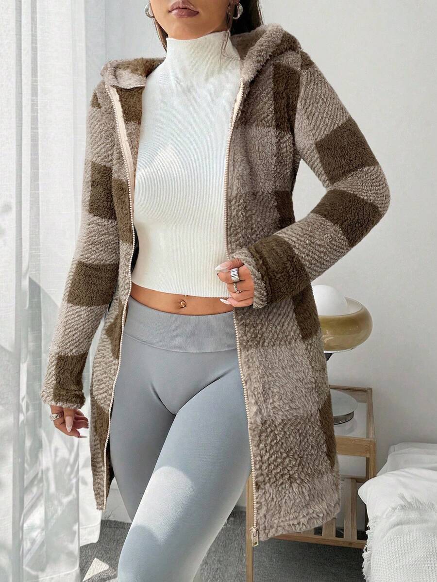 SHEIN EZwear Chaqueta con capucha de felpa tipo teddy con estampado de estilo universitario casual para mujer, otoño/invierno - Café integral - Ver 1