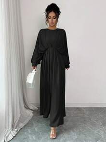 Elenzga 女士优雅简约高端休闲连衣裙，适合办公室、通勤、海滩、音乐节、下午茶、德比、帆船赛，纯色圆领二合一腰部荷叶边褶皱蝙蝠袖 A 字长裙，春夏秋季女士服装 - 黑色 - 查看 4