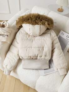 SHEIN Explorewe Girls' Casual Hooded Thickened Padded Coat, Brown Fur Collar, Embroidered Logo On Chest, Ribbed Cuffs And Hem, Slant Pockets, Suitable For Shopping, Walking, School, Commuting, Traveling, Can Be Paired With Sweaters, Long Sleeves, Pants Fall Winter - Khaki - View 5