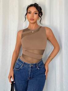 Chiquease Elegant Sexy Fashion Black Round Neck Sleeveless Fitted Asymmetrical Geometric Mesh Patchwork Knitted Bodysuit For Women, Spring/Summer