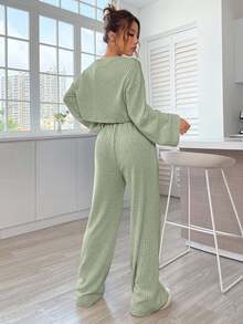 EURMUSE 2pcs Women Ribbed Cropped Top And Drawstring Waist Pants Set, Suitable For Spring And Autumn - Mint Green - View 2