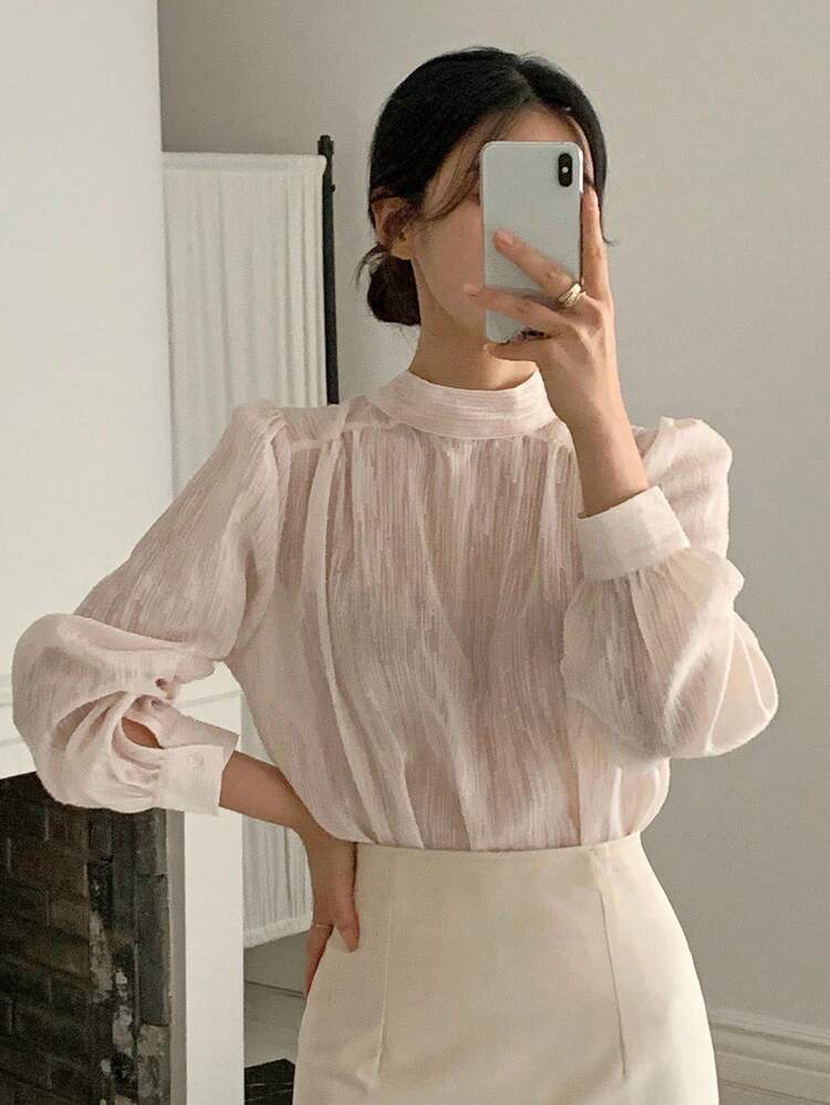 Women's Elegant Commuter Solid Color Stand Collar Back Tie Blouse Fall Tops Long Sleeve Top