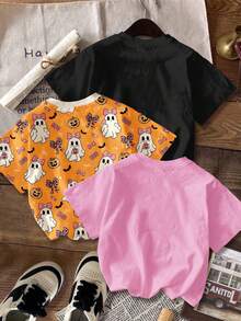 SHEIN Camiseta de manga corta y cuello redondo básica de uso casual con gráficos de Halloween para niña, 3 piezas en colores crema rosa, crema naranja y negro con calabazas lindas, fantasmas, moños y frases de la temporada de miedo, ideal para el otoño y la comodidad - Multicolor - Ver 2