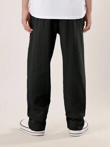 SUMWON 男童褶皱棉质抽绳裤休闲直筒宽松长款日常下装宽松舒适校服四季基本款 - 黑色 - 查看 2