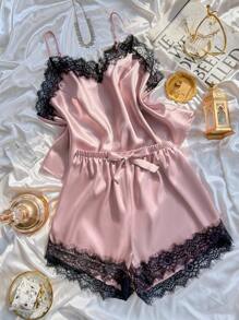 SilkySpell Plus Size Faux Silk Lace Trim Cami Top And Shorts Pajama Set Satin Pajama Set Lace Trim Pajama Set Satin Sleepwear Set Lingerie Pajama Set Lace Pajama Set Lace Pj Set Lingerie Sleep Set Babydoll Pajama Set